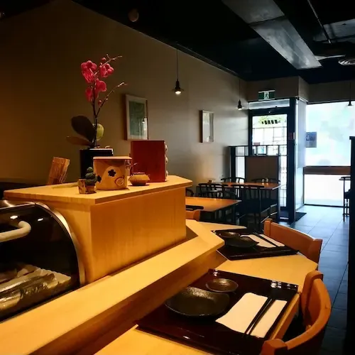 Inside the restaurant, counter seating area