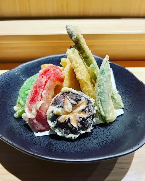 Assorted tempura, including prawn, and vegetables